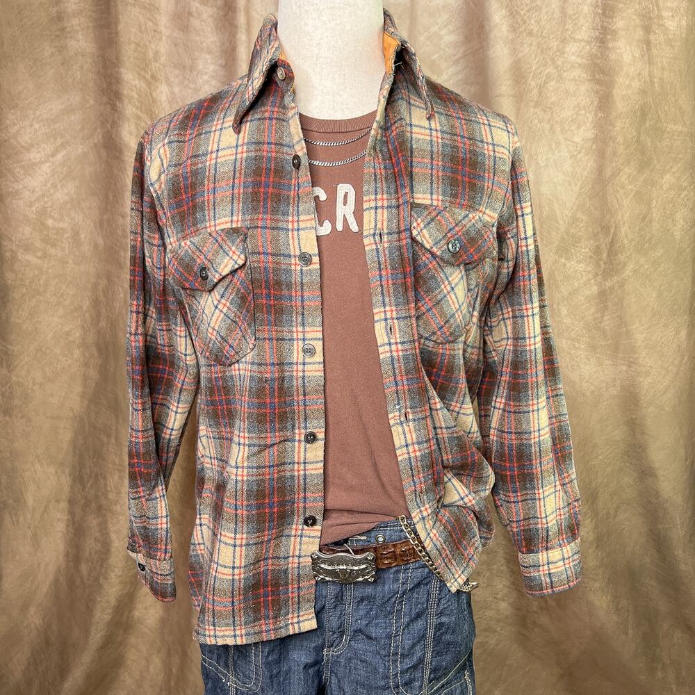 Vintage Plaid Flannel Shirt 60s Wool Long Sleeve Button Up Cabincore Grunge